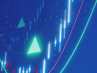 Trading monitor with increasing candle stick chart and moving averages of a stock index or share. 