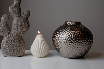 Cozy home interior decor, aromatic candles in glass glowingon white and grey background with natural oil, selective focus of fluffy bunny tail grass, brown jar, lotus flower candle, round matt ceramic