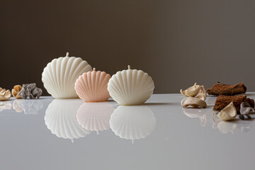 Cozy home interior decor, aromatic burning candles in glass glowingon with natural oil,  fluffy bunny tail grass, brown jar, lotus flower candle, round matt ceramic, seashell candles