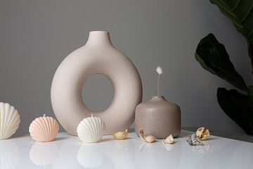 Cozy home interior decor, aromatic burning candles in glass glowingon with natural oil,  fluffy bunny tail grass, brown jar, lotus flower candle, round matt ceramic, seashell candles