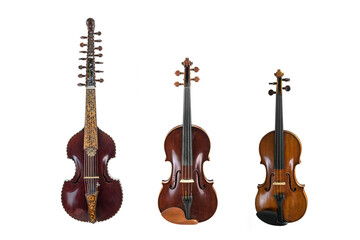 Fototapeta na wymiar Three stringed musical instruments of the viol family in comparison, viola d amore, viola and violin, isolated on a white background, copy space