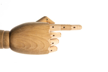 wooden hand with a raised index finger on a white background