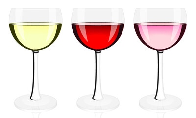 glasses of red, rose and white wine isolated on a white background