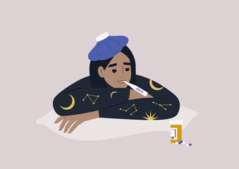 A young female Caucasian character suffering from fever in bed, Coronavirus treatment, health care and medical issues