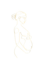 Fototapeta na wymiar Pregnant mom gold line art, Pregnancy one line drawing, printable wall art, Nude woman body print, Belly female figure, Minimalist print 