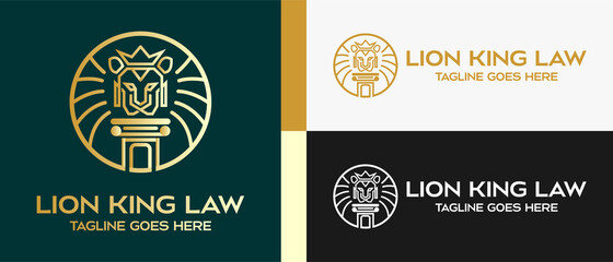 law pillar and lion head logo design template with crown in luxury outline. vector illustration