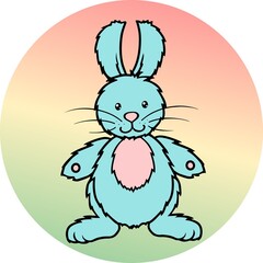 Cute teddy bunny, rabbit with blue fur on a multicolored background, emblem icon, vector