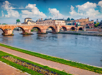 Obraz premium Beautiful spring cityscape of capital of North Macedonia - Skopje. Stunning morning view of Vardar river. Traveling concept background..