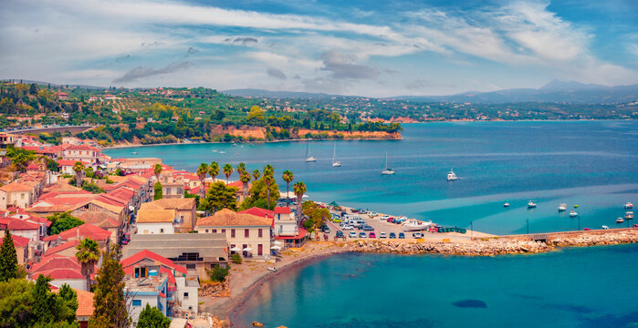 Wonderful summer cityscape of Koroni town, Messenia, Peloponnese, Greece, Europe. Impressive morning seascape of Ionia sea. Traveling concept background.