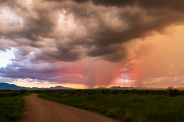 Naklejka na ściany i meble Dirt road in Arizona countryside with ominous dark monsoon clouds