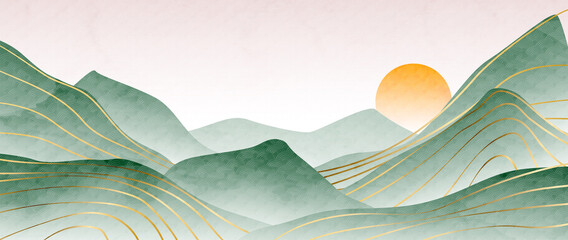 Watercolor background with mountains, hills and the sun in green tones in an oriental style. Landscape art banner with gold lines decoration for interior design, wallpaper, print