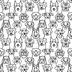 Seamless pattern with black outline doodle dogs faces. Dogs breeds