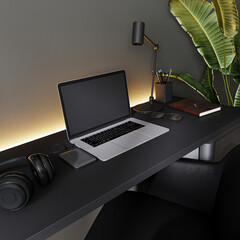 home office interior background, modern interior in black and gray tones, home workplace, 3d rendering