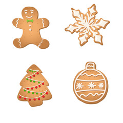A set of gingerbread cookies for Christmas. Christmas tree, Christmas ball, snowflake, ginger man