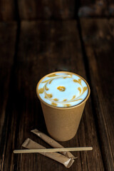 Latte, coffee in a glass with a picture. Hot drink.