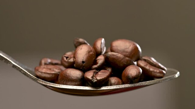 Spoonful of coffee beans up close, as lights get brighter and move, revealing all the texture and detail of these dark roasted beans.  Macro view of common drink ingredient.