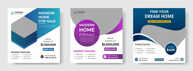 Real Estate Instagram Social Media Post Template. Elegant Real Estate or Home Sale  Promotion, Square flyer design Template. Editable Post Template Social Media Banners.