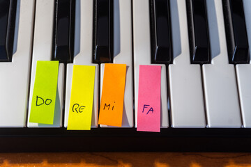 Sticky notes with hand written musical notes, attached to the piano keys. Learning music and piano...