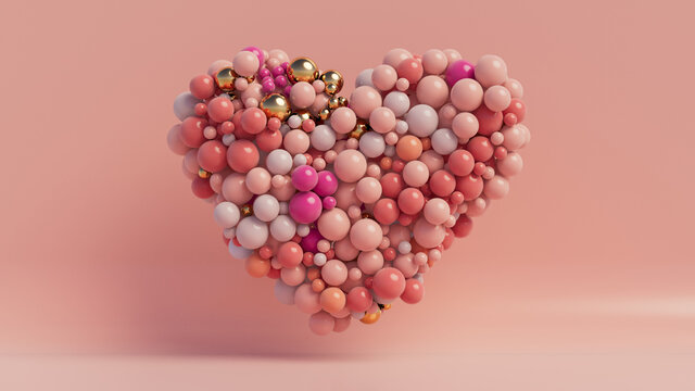 Multicolored Balloon Love Heart. Pink, Orange and Gold Balloons arranged in a heart shape. 3D Render 