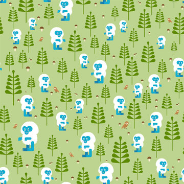 Cute Yeti In Forest Pattern Seamless. Small Bigfoot Cartoon Background. Baby Fabric Texture