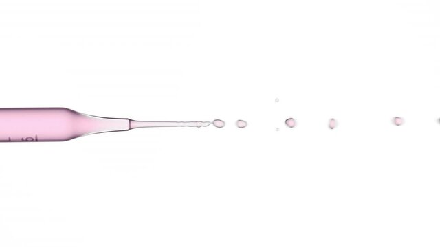 Macro shot of pink fluid flows from graduated lab dropper on white background | Abstract body care cosmetics with natural oils formulating concept