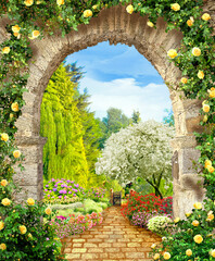 Stone arch with flowers . Modern mural . Terrace