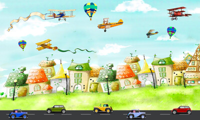 Cityscape with cars and airplanes. Baby photo wallpaper