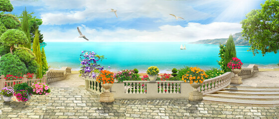 Beautiful panorama overlooking the sea. Beautiful view. Digital fresco