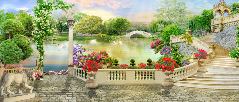 Fototapeta Digital fresco. Flower terrace and access to the lake with white swans and park views