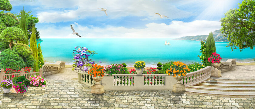 Fototapeta Beautiful panorama overlooking the sea. Beautiful view. Digital fresco