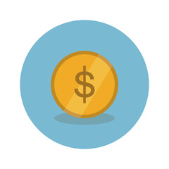 gold dollar coin on blue background vector flat illustration, icon element