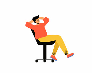 A man sits on a chair and looks into the distance. Thoughtful look. Looking away. Vector illustration