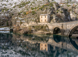 San Domenico Lake near Villalago and Scanno during winter season. Abruzzo, Italy.