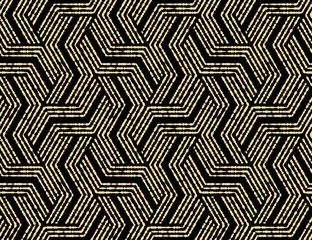 Fotobehang Zwart goud Abstract geometrisch patroon met strepen, lijnen. Naadloze vectorachtergrond. Goud en zwart ornament. Eenvoudig rooster grafisch ontwerp
