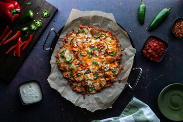 Top down view of cactus cut nachos surrounded by ingredients and dips.