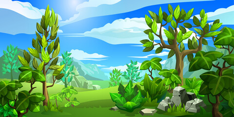 Fototapeta premium Forest nature in the background. Deciduous trees, mountains and hills.