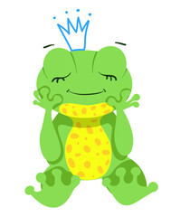 cute little dreaming frog with crown on his head, isolated on white background. Illustration with bright character