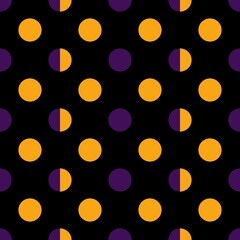 Orange and purple polka dots, seamless pattern on black background. Vector illustration. Happy Halloween.