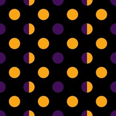 Orange and purple polka dots, seamless pattern on black background. Vector illustration. Happy Halloween.