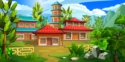 Small Asian village with small wooden houses. An ancient settlement in a mountainous area.