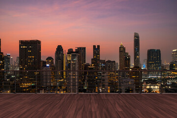 Panoramic Bangkok skyline view, wooden observatory deck on rooftop, sunset. Luxury Asian corporate and residential lifestyle. Financial city downtown, real estate. Product display mockup empty roof