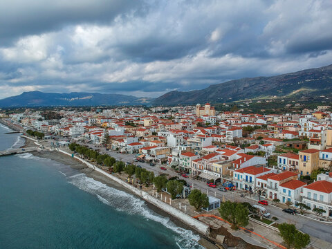 Aerial cityscape view of Neapolis town at sunset. Also named Vatika in Laconia, Greece. Neapoli is a famous coastal town built on the same site as the ancient Laconian city of Boeae