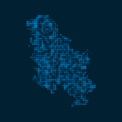 Fototapeta na wymiar Serbia dotted glowing map. Shape of the country with blue bright bulbs. Vector illustration.