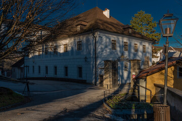 Cesky Krumlov town in winter sunny blue sky day