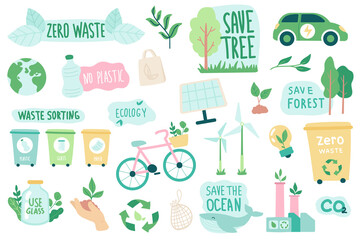 Ecology and zero waste isolated objects set. Collection of eco friendly quotes, green renewable energy, waste sorting, transport and industry. Vector illustration of design elements in flat cartoon