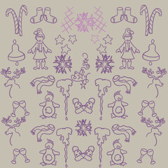 christmas gingerbread,christmas patterns,christmas decorations,festive characters,toys,christmas star,deer,hat,scarf,knitted socks,christmas bell,christmas caramel,penguin,icicle,snowflakes,linear pat