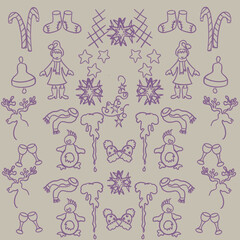 christmas gingerbread,christmas patterns,christmas decorations,festive characters,toys,christmas star,deer,hat,scarf,knitted socks,christmas bell,christmas caramel,penguin,icicle,snowflakes,linear pat