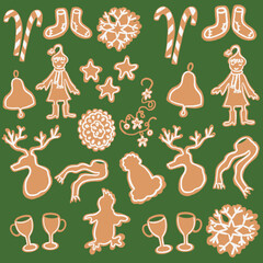christmas gingerbread,christmas patterns,christmas decorations,festive characters,toys,christmas star,deer,hat,scarf,knitted socks,christmas bell,christmas caramel,penguin,icicle,snowflakes,linear pat