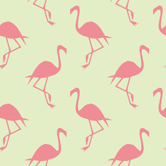 Seamless flamingo bird pattern. Repeated pink animal on yellow
