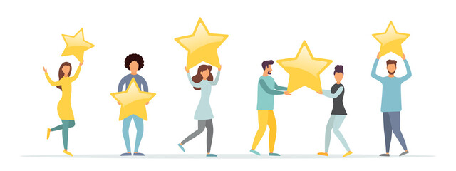 Buyers give feedback. People give reviews and ratings. Vector illustration. Flat style.